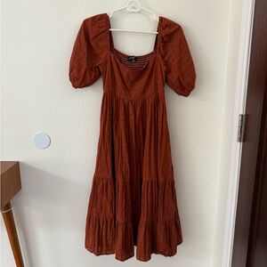 Elegant Rust Puff Sleeve Midi Dress